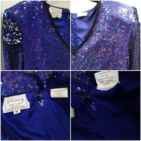 Vintage 80s Stenay India Silk Sequin Blouse Beaded Top Ladies-M Flower Leaf Blue - Picture 8 of 12